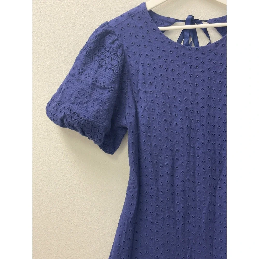 Free People Eyelet Mini Dress Large Navy Blue Open Back Puff‎ Sleeve Cottagecore